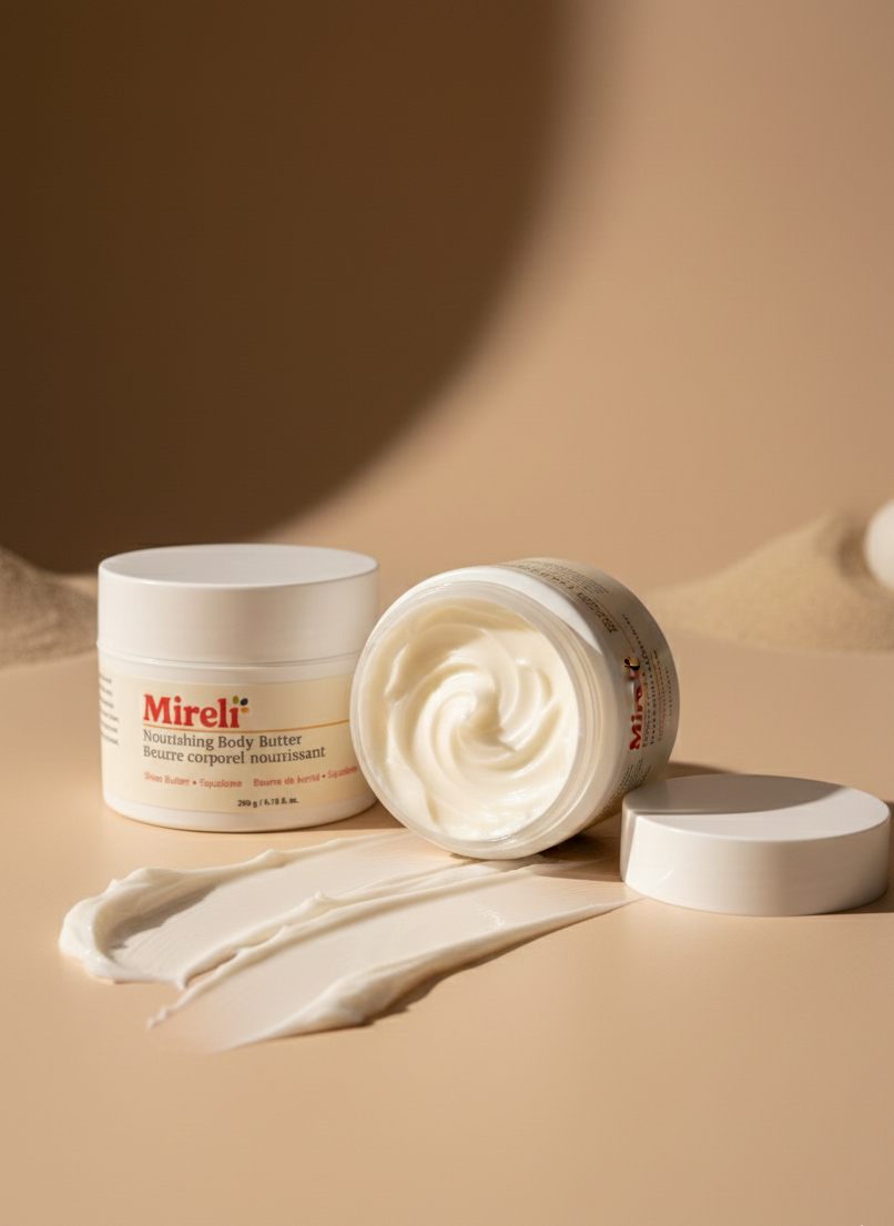 Mireli moisturizing body butter with a swatch on a beige background