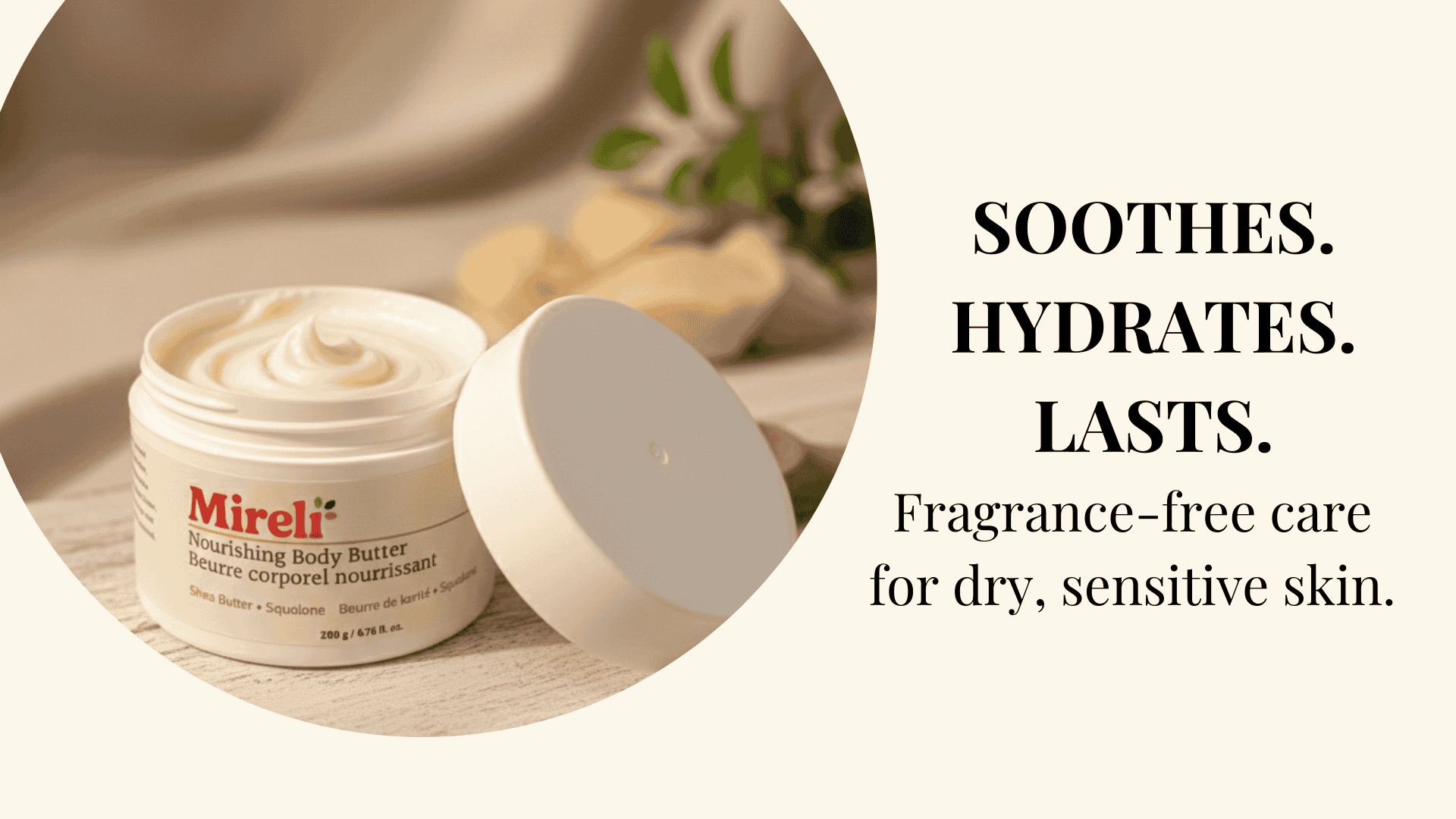 Mirelli body butter jar with text highlighting benefits on a beige background