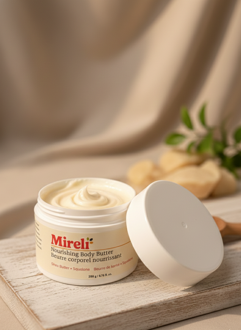 Mireli nourishing body butter jar with lid on a wooden surface