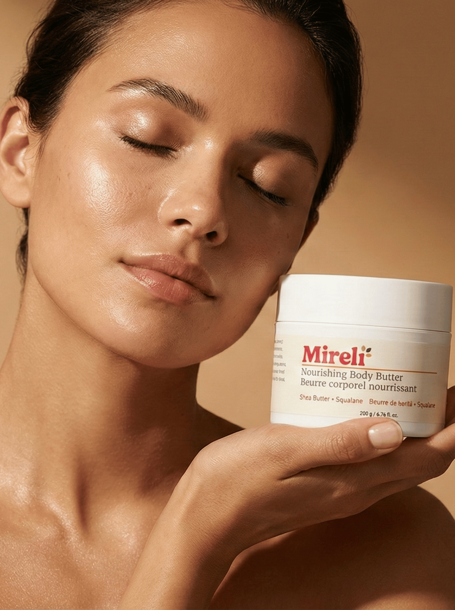 Woman holding a jar of Mireli body butter against a warm beige background