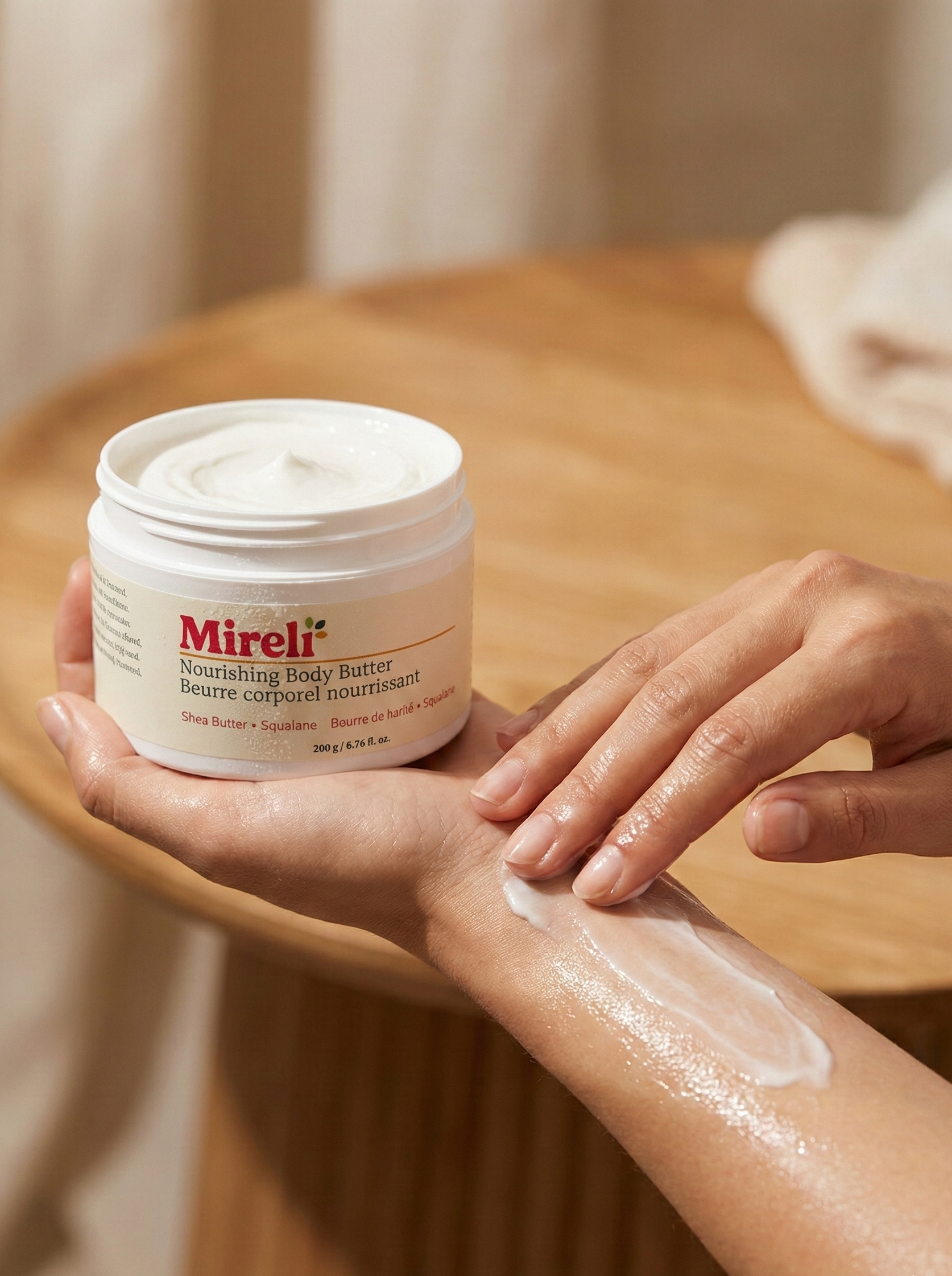 Person applying Mirelii body butter to their arm on a wooden table.